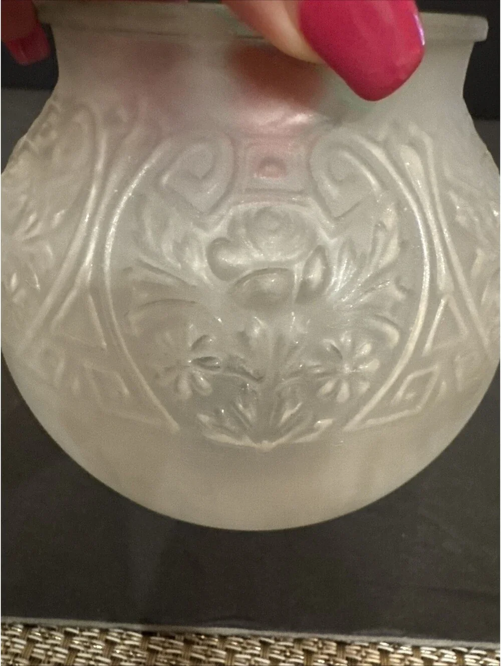 Vintage Frosted Glass Lamp Globe Embossed Rose Pattern 3 3/8” Fitter 4.75” H